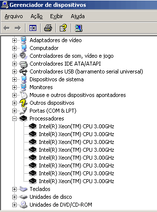 Gerenciador de Dispositivos mostrando 8 CPUs